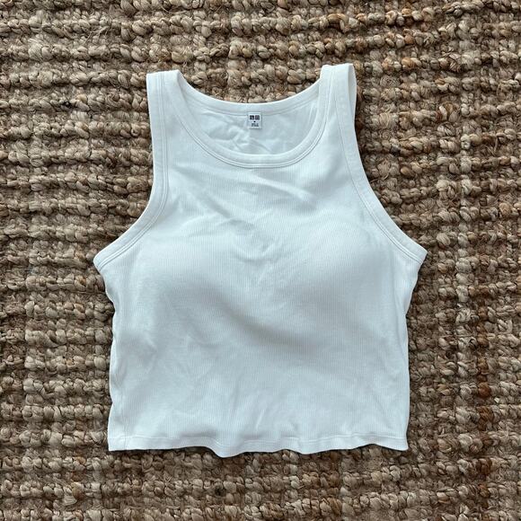 Uniqlo Tops - Uniqlo Cropped Built-In Bra Tank Top White Ribbed Size M Like New